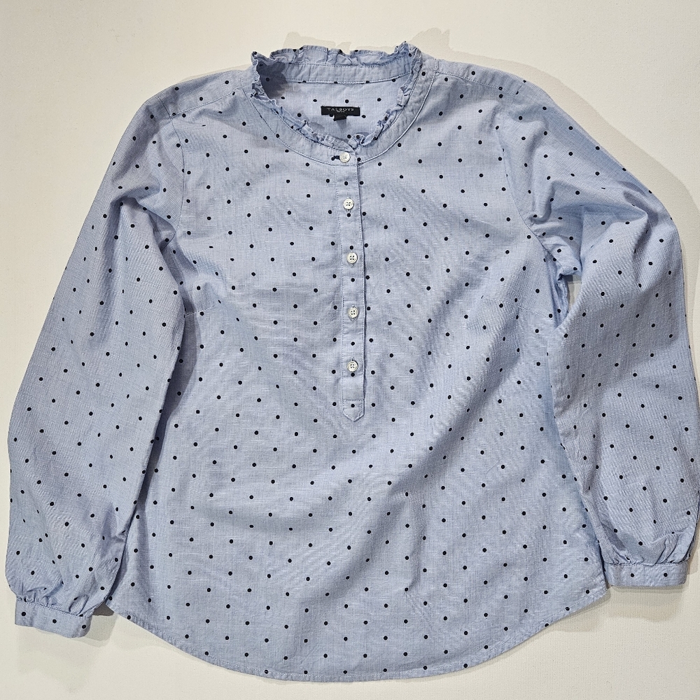Talbots Polka‎ Dot Popover Blouse Womens Petite Light Blue Navy Retro Style Top